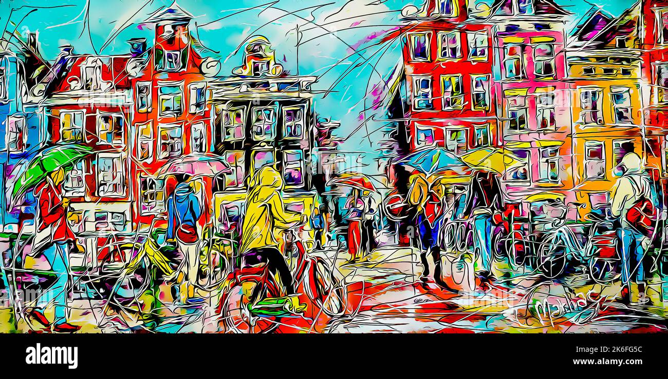 Regnerische alte Brücke in Amsterdam Touristenstraße Bunte Häuser Mädchen mit Fahrrädern Regenschirme expressive digitale Malerei Bunte Illustration Digitale Kunst Stockfoto