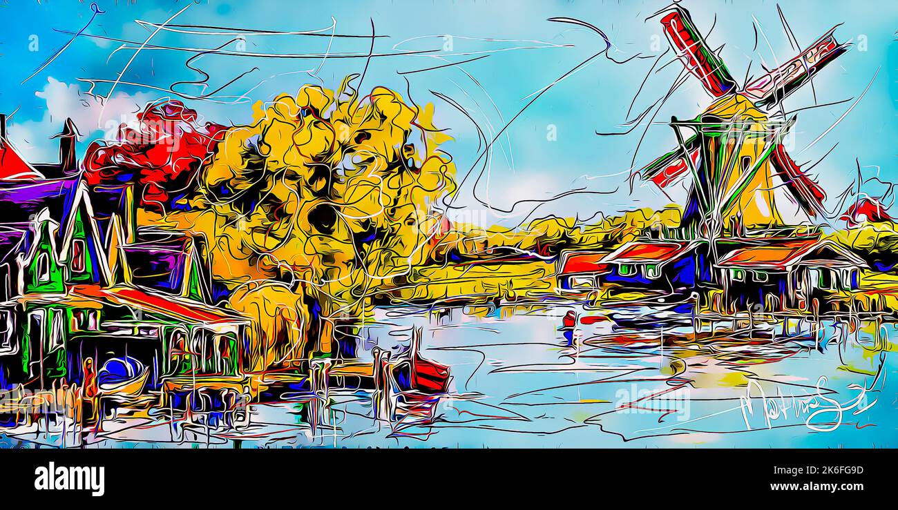 Niederländische Windmühle auf dem Kanal im Herbst Boote bunte Häuser Landschaft expressive digitale Malerei Moderne Kunst Bunte Illustration Digitale Kunst Stockfoto