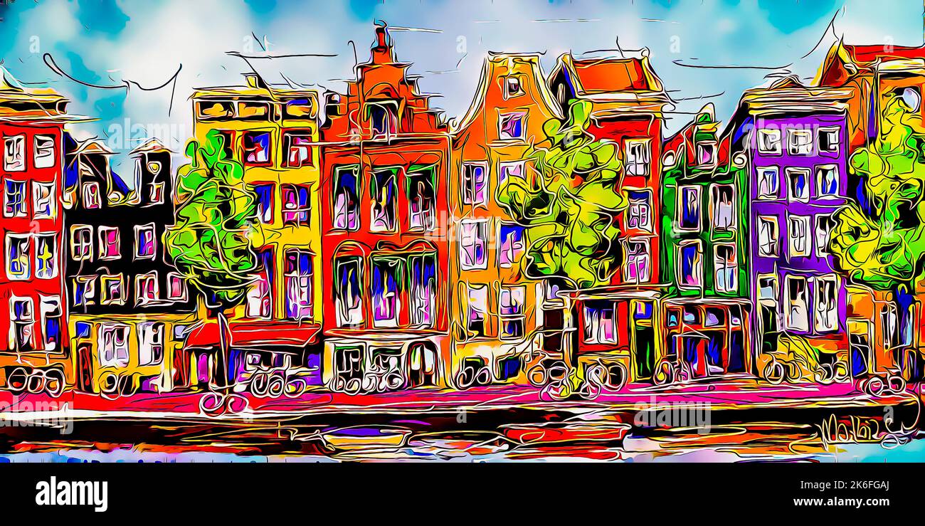 Amsterdam Kanal Boote bunte Häuser Fahrräder Stadtlandschaft expressive digitale Malerei Moderne Kunst Bunte Illustration Digitale Kunst Stockfoto