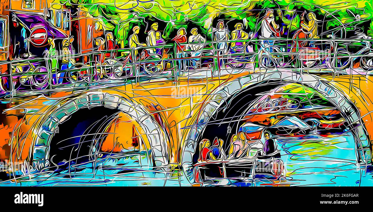 Alte Brücke in Amsterdam Touristenboot Bunte Häuser Touristen expressive Digitale Malerei Moderne Kunst Bunte Illustration Digitale Kunst Stockfoto