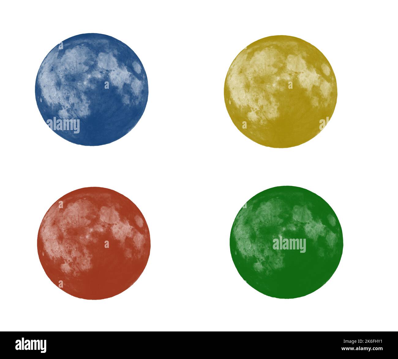 Planeten in vier Farben. Stilisierte Zeichnung mit astronomischen Objekten. Stockfoto