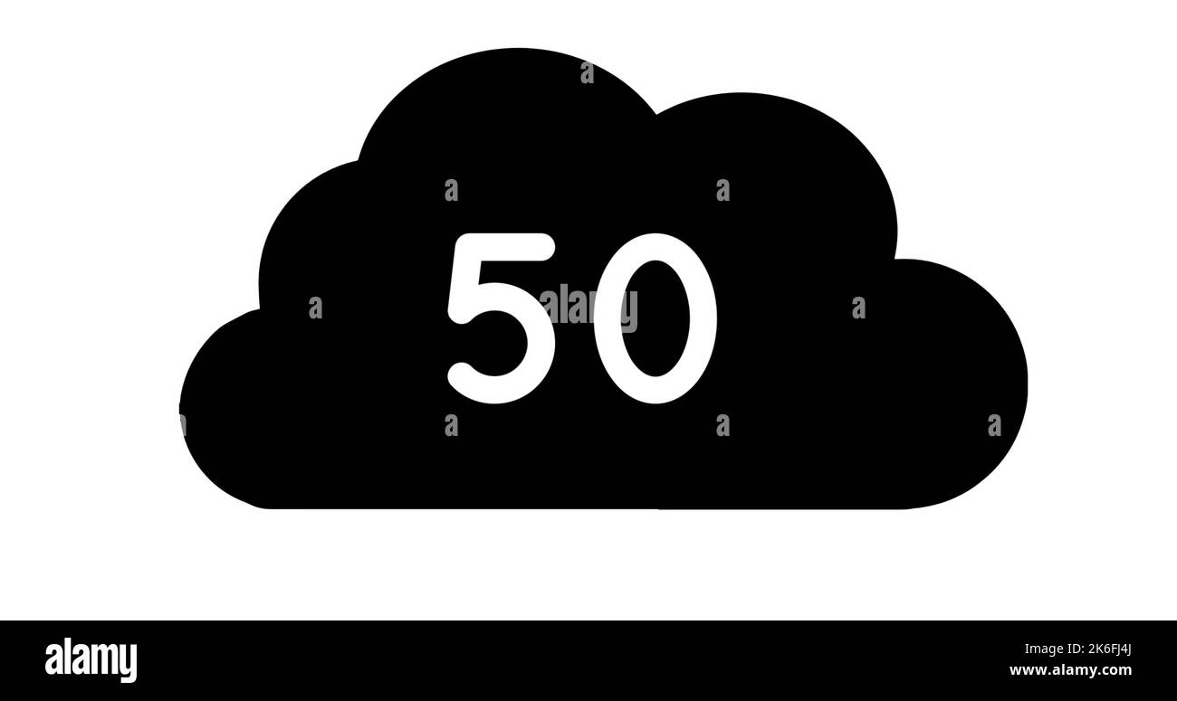 Bild von 50 in Wolke auf weißem Hintergrund. Social Media, Kommunikation, Verbindungen, globales Netzwerk und neues Technologiekonzept digital generierte vide Stockfoto