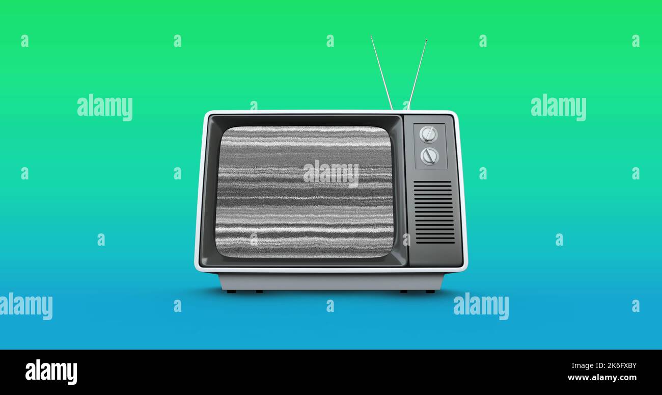 Darstellung der Störungsmethode auf dem Fernsehbildschirm vor grünem verlaufendem Hintergrund, Kopierbereich Stockfoto