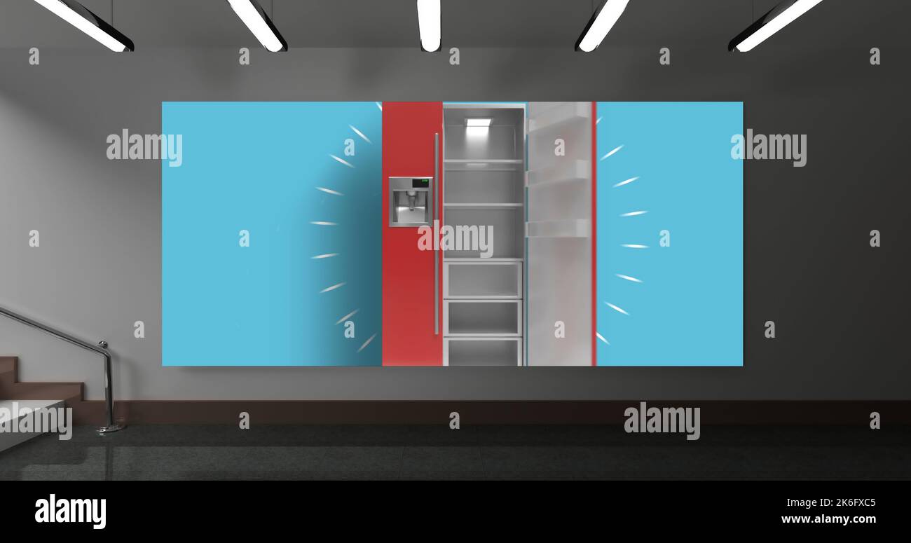 Abbildung: Offener, leerer Kühlschrank an blauer Wand im Wohnzimmer, Kopierbereich Stockfoto