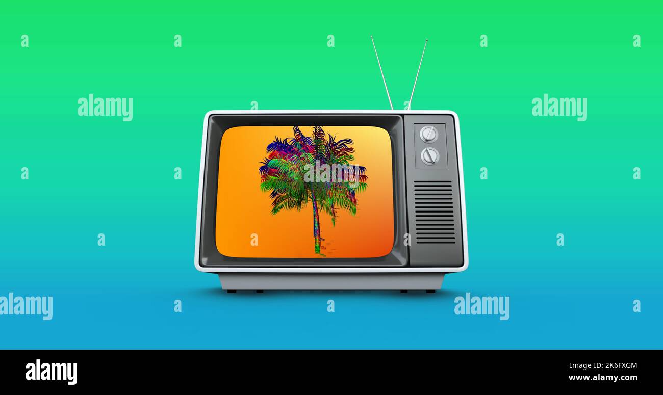 Abbildung einer Palme mit Glitzereffekt auf dem Fernsehbildschirm vor einem verlaufenden Hintergrund Stockfoto