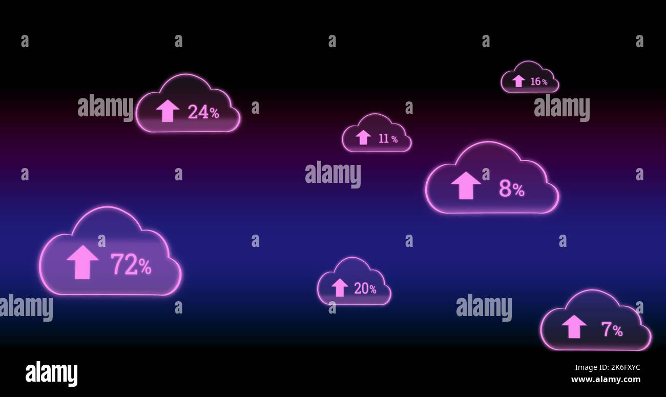 Darstellung von Zahlen mit Prozentzeichen und Aufwärtspfeilen in Wolken vor verlaufendem Hintergrund Stockfoto