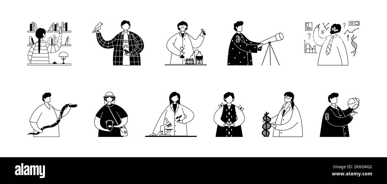 Vektor-Set von Illustrationen von professionellen Arbeitern im wissenschaftlichen Bereich. Strichkunst Stock Vektor