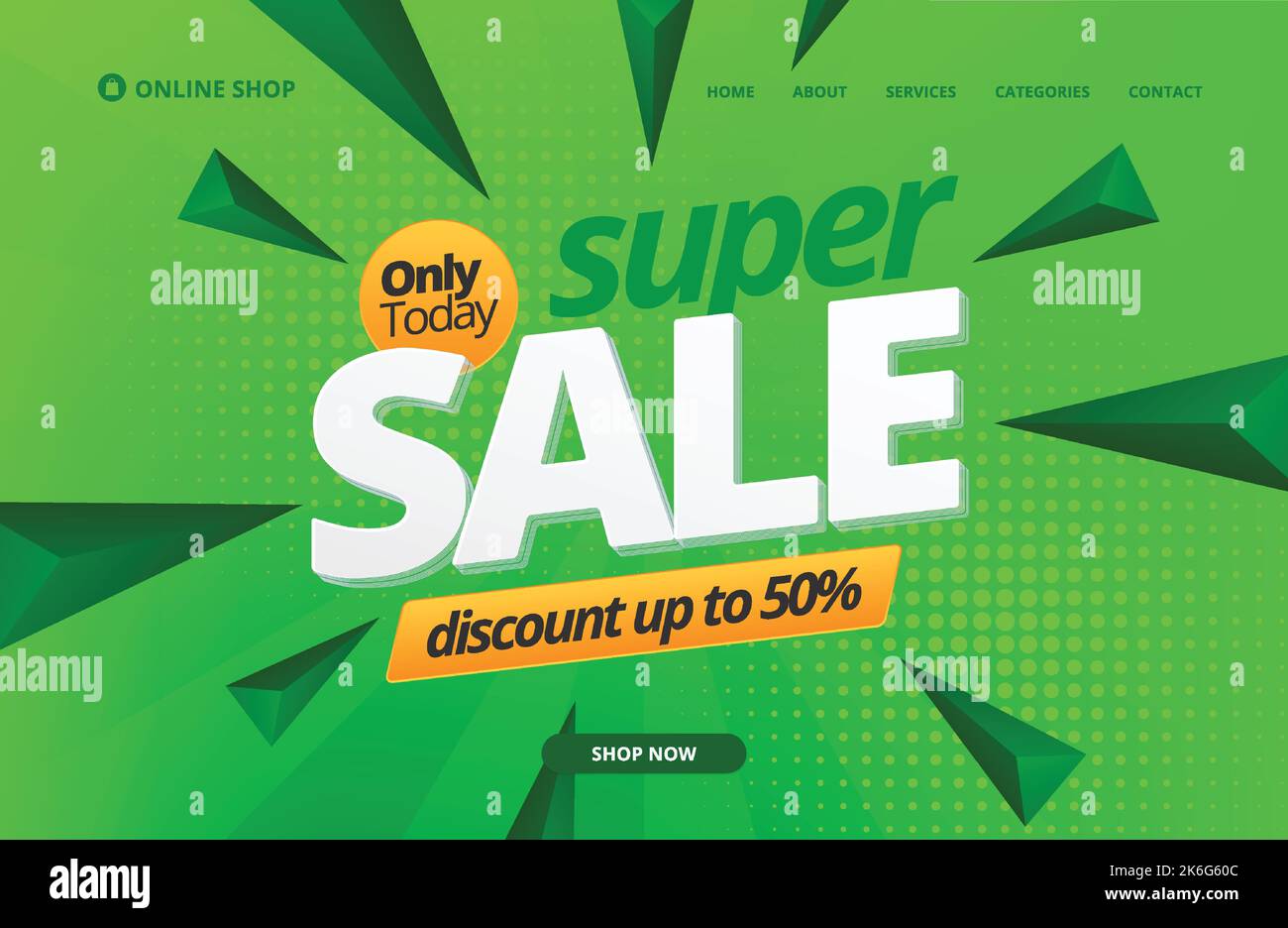 Super-Angebot: 50 % Rabatt. Shopping Day Poster oder Banner. Online-Verkauf Banner Vorlage Design für Social Media und Website. Landing Page Der Green Theme Website. Stock Vektor