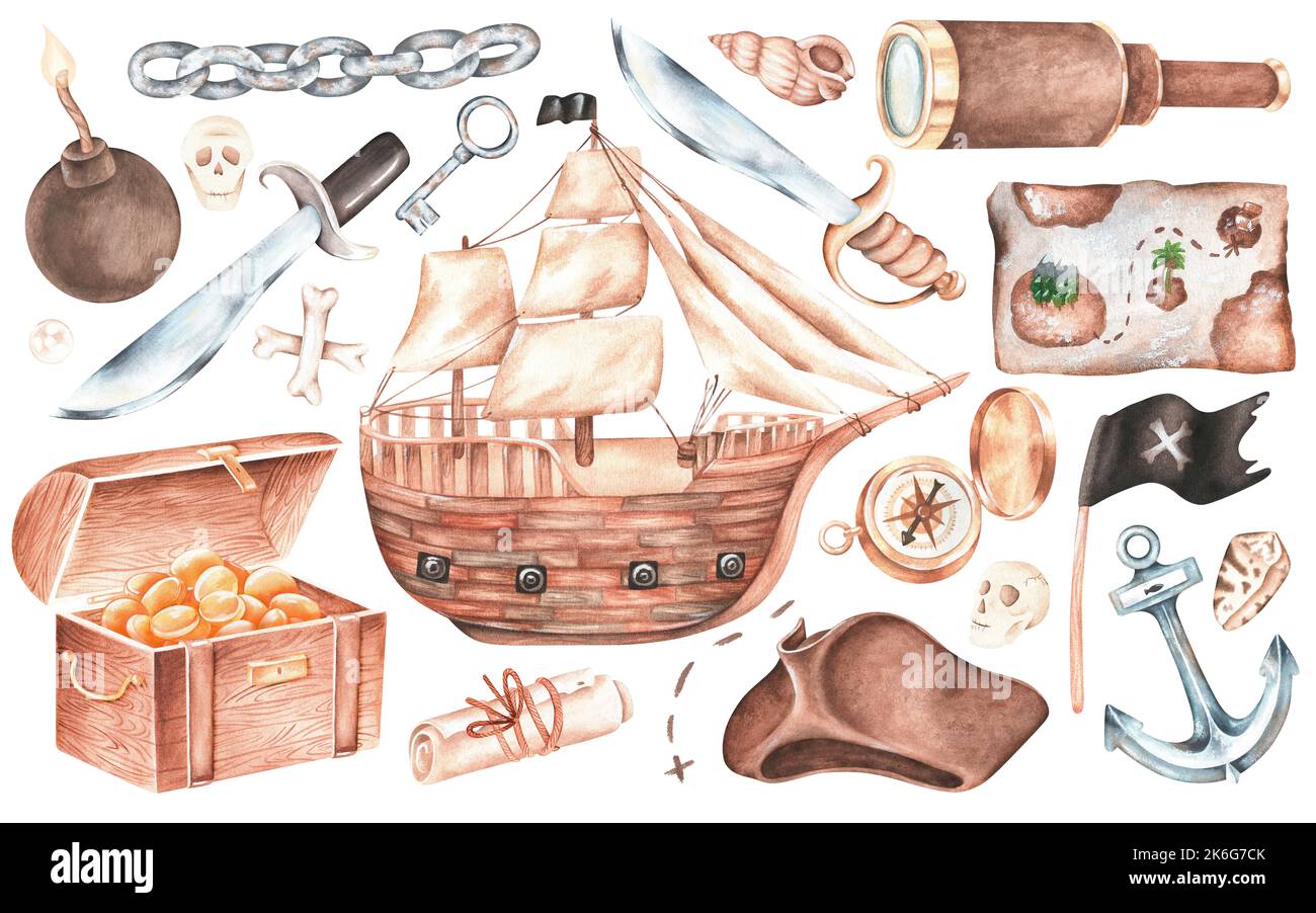 Satz von Piraten-Elementen. Schiff, Brust aus Gold, Säbel, Anker, runde Bombe, Kompass, Spyglass, Schatzkarte, Piratenflagge, Schädel. Aquarelldarstellung. Stockfoto