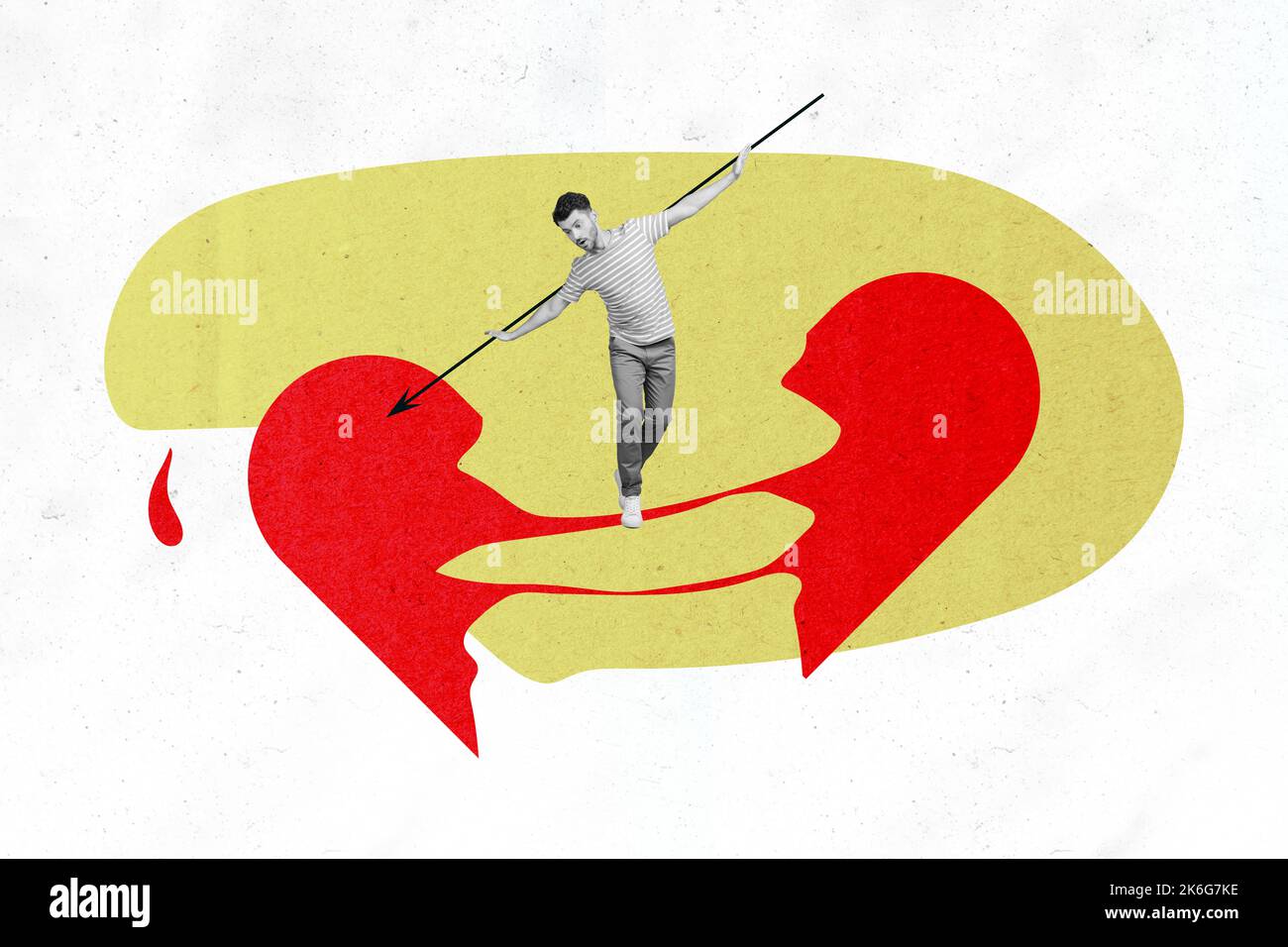 Collage 3D Bild von Pinup Pop retro Skizze von jungen Mann balancieren gebrochenes Herz tightrope fallende Liebe .unreziproken kämpfen brechen Stockfoto