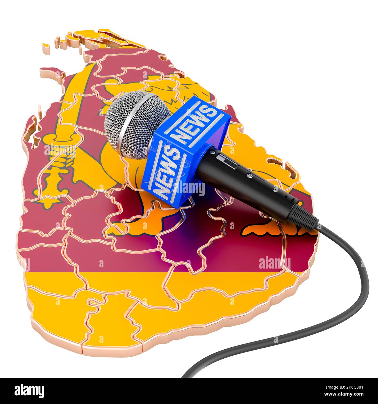 Sri Lanka News Concept, Mikrofon-Nachrichten auf der Karte von Sri Lanka. 3D Darstellung isoliert auf weißem Hintergrund Stockfoto