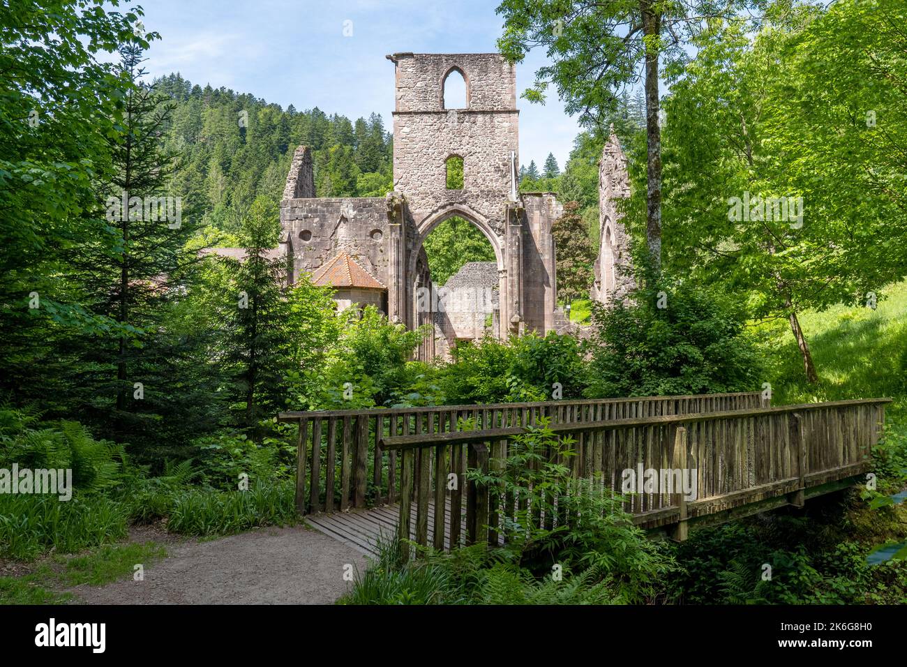 Wanderweg mit Holzbrücke im Kloster Allerheiligen, Deutschland Stockfoto