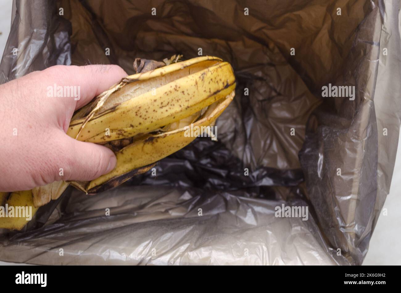 Ein Mann legt Bananenschalen in den Müllabfall.Abfallnahrungskonzept Stockfoto