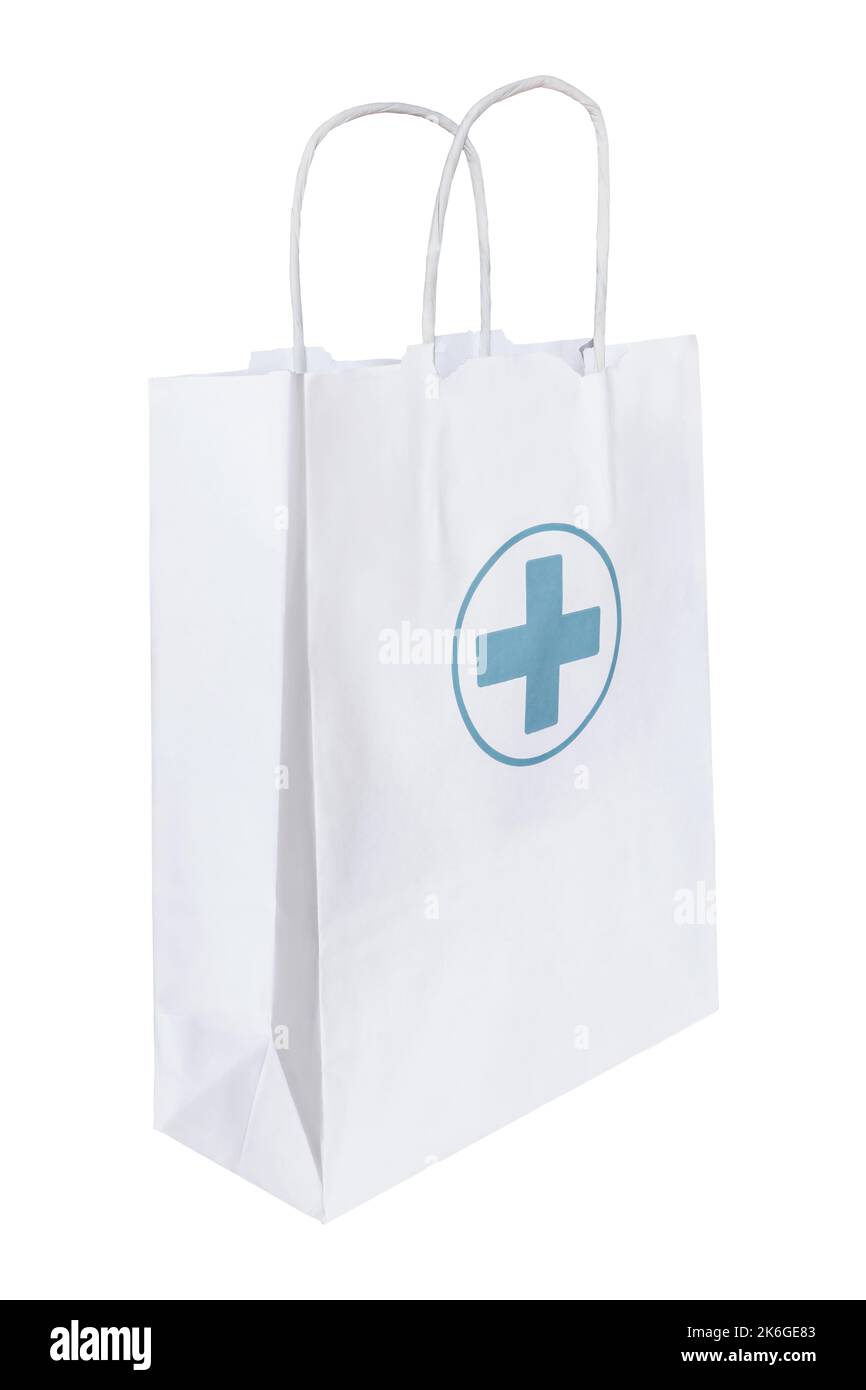 Weiße Papiertasche mit einem grünen Pharmacy-Logo isoliert auf weißem Hintergrund Stockfoto