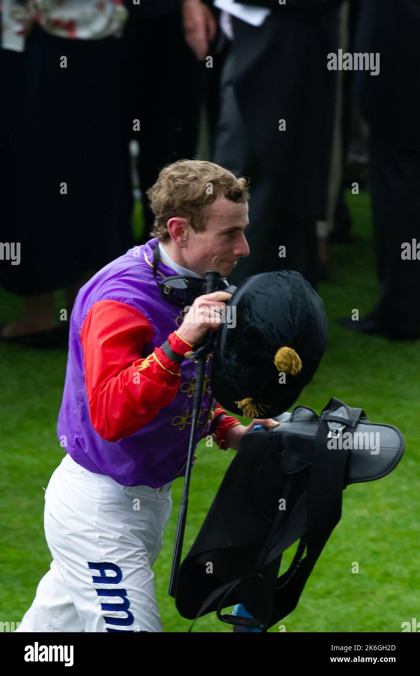 Ascot, Bergen, Großbritannien. 20.. Juni 2013. Jockey Ryan Moore nach dem Gewinn des Gold Cup auf dem Pferd Estimate Ihrer Majestät der Königin. Dies war ein historischer Tag, da es das erste Mal war, dass ein regierender Monarch den Gold Cup gewonnen hatte. Die Schätzung wurde von Jockey Ryan Moore geritten. Königin Elizabeth II. War wegen der Präsentation für den Gold Cup, aber ihr Sohn, der Herzog von York, führte die Präsentation stattdessen. Ausgabedatum: 14.. Oktober 2022. Quelle: Maureen McLean/Alamy Stockfoto