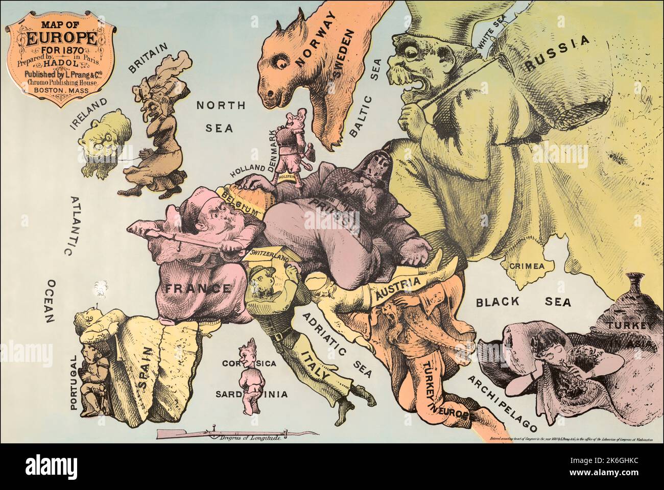 Eine französische satirische Karikaturenkarte von Europa im Jahr 1870 Stockfoto