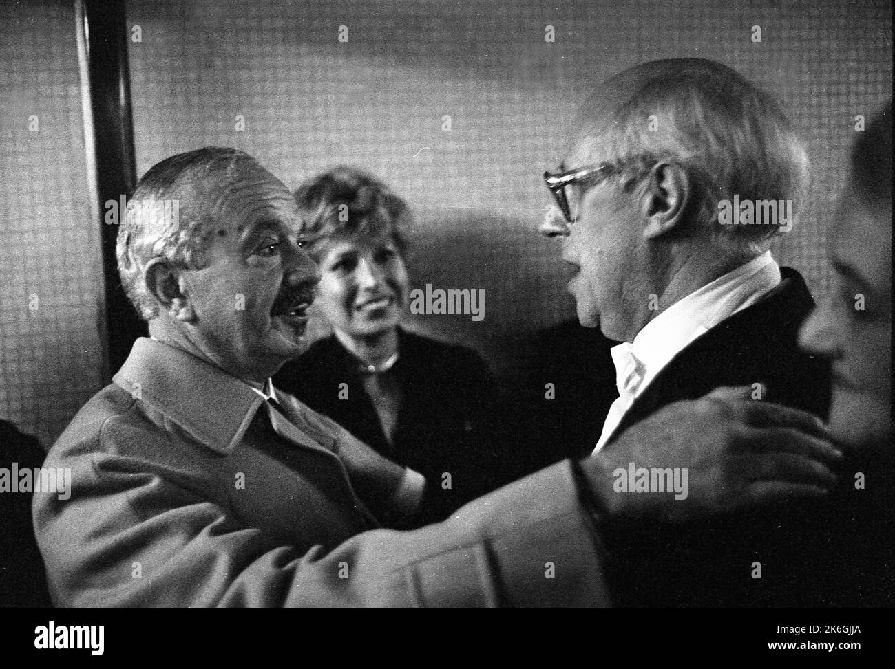 Astor Piazzolla, argentinische Bandoneon-Spielerin und Komponistin, Laura Escalada, Tango-Sängerin, Mstislav Rostropowitsch, russischer Cellospieler und Dirigent, Teatro Colon, 1984 Stockfoto