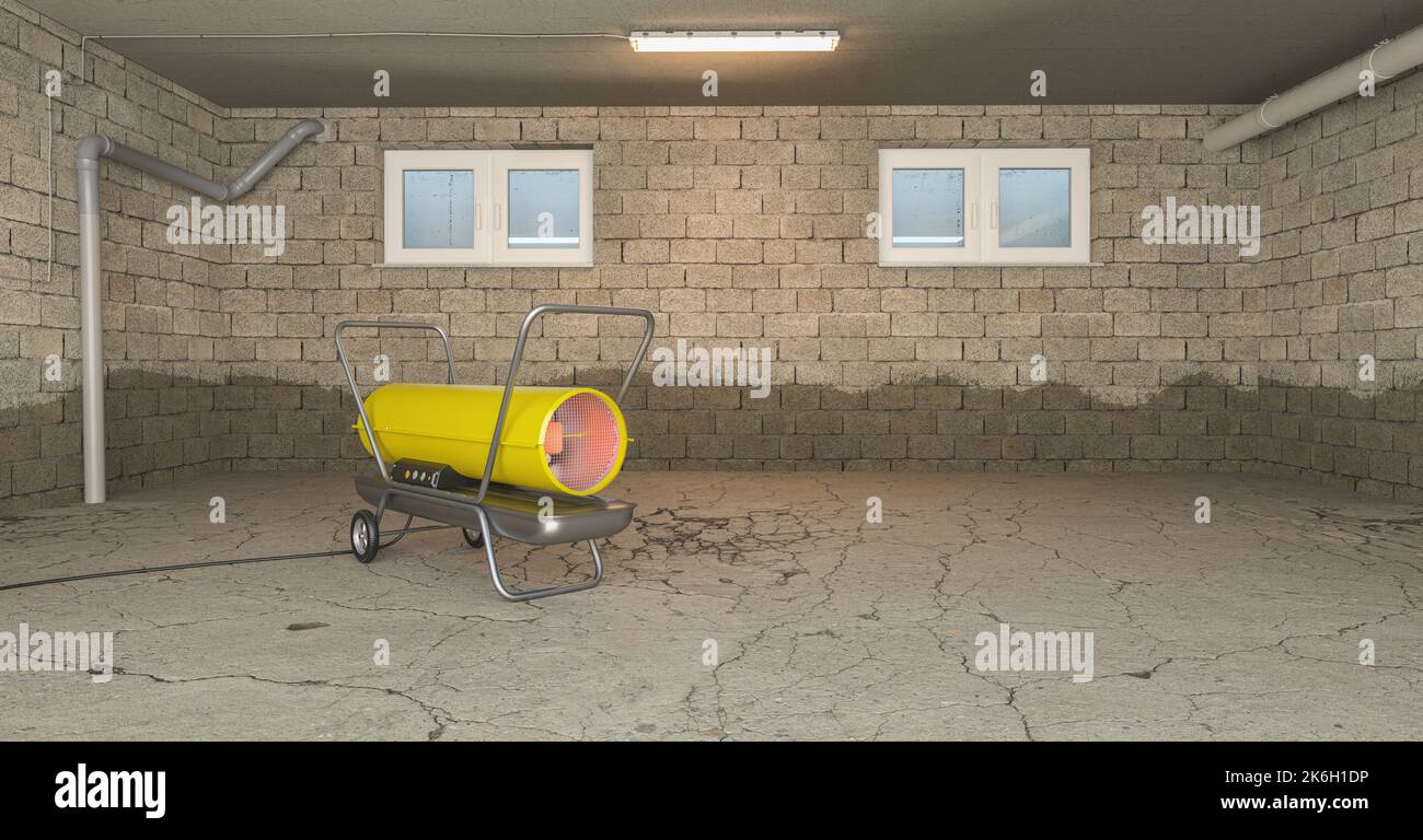 Professioneller Luftentfeuchter nach Wasserschaden steht in einem Keller mit Mold Stockfoto
