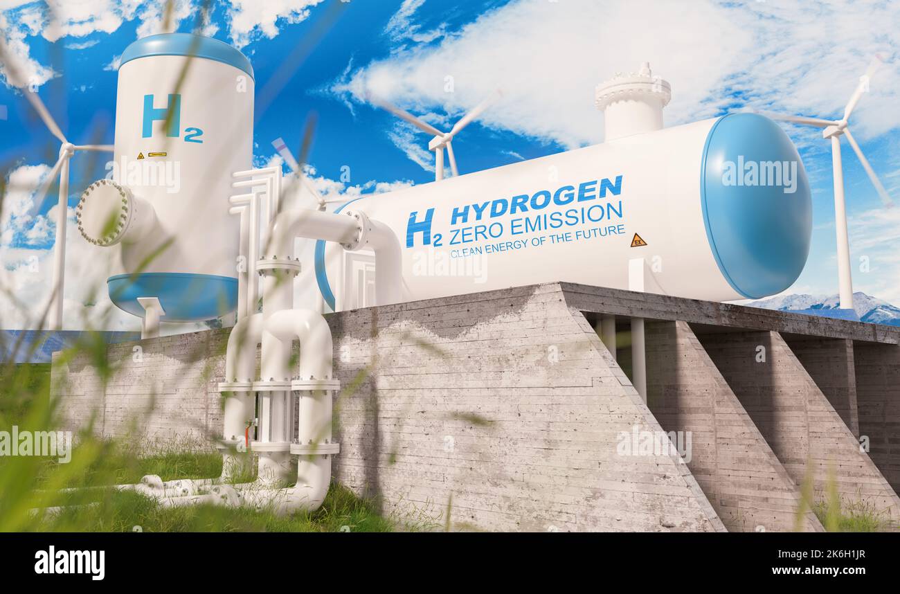 Wasserstofferzeugung aus erneuerbarer Energie mit Wasserstoffgas-Pipeline für sauberen Strom Solar- und Windkraftanlage Konzept Bild Stockfoto