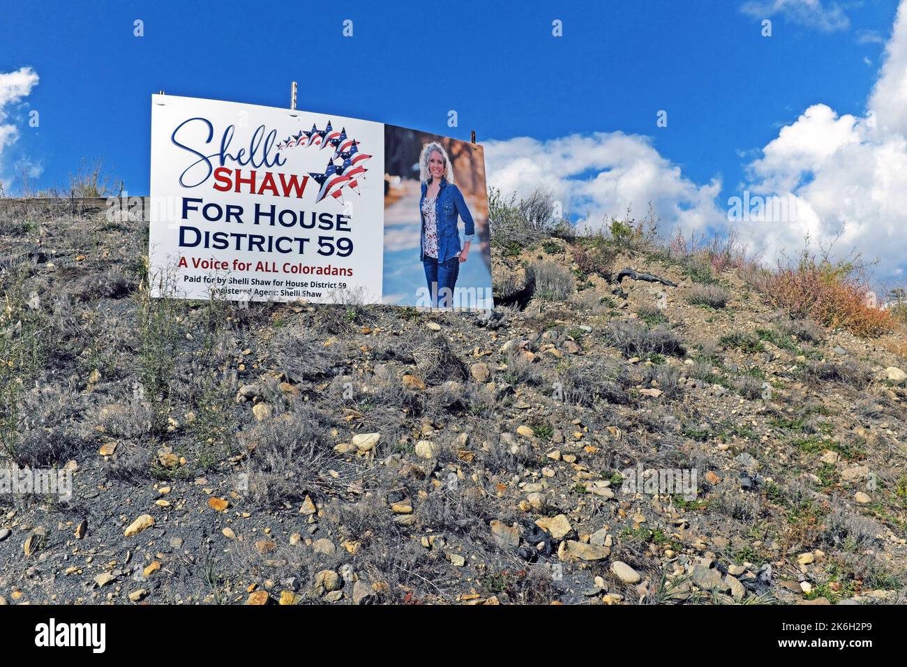 Eine politische Plakatwand entlang des US Highway 160 in der konservativen, schiefen Stadt Pagosa Springs, Colorado, wirbt für Shelli Shaw für den House District 59. Stockfoto