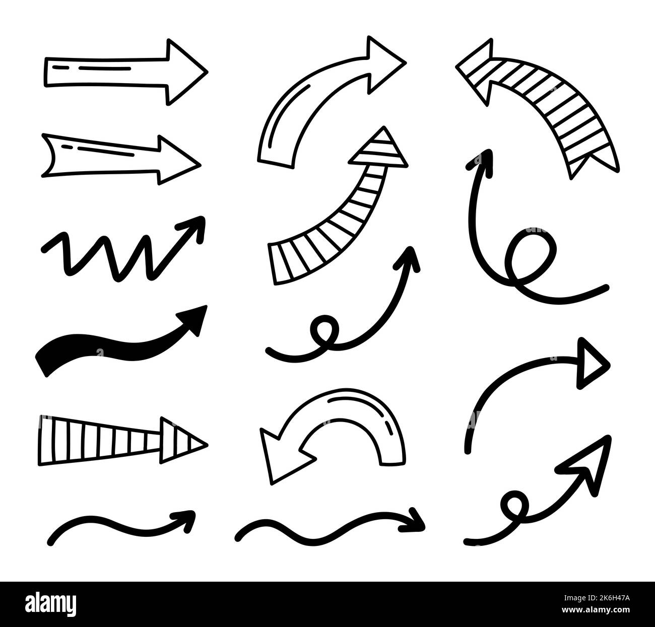 Satz einfacher, von Hand gezeichneter Pfeile, isoliert auf weißem Hintergrund. Pfeilmarkierungssymbole. Vektorgrafik. Stock Vektor