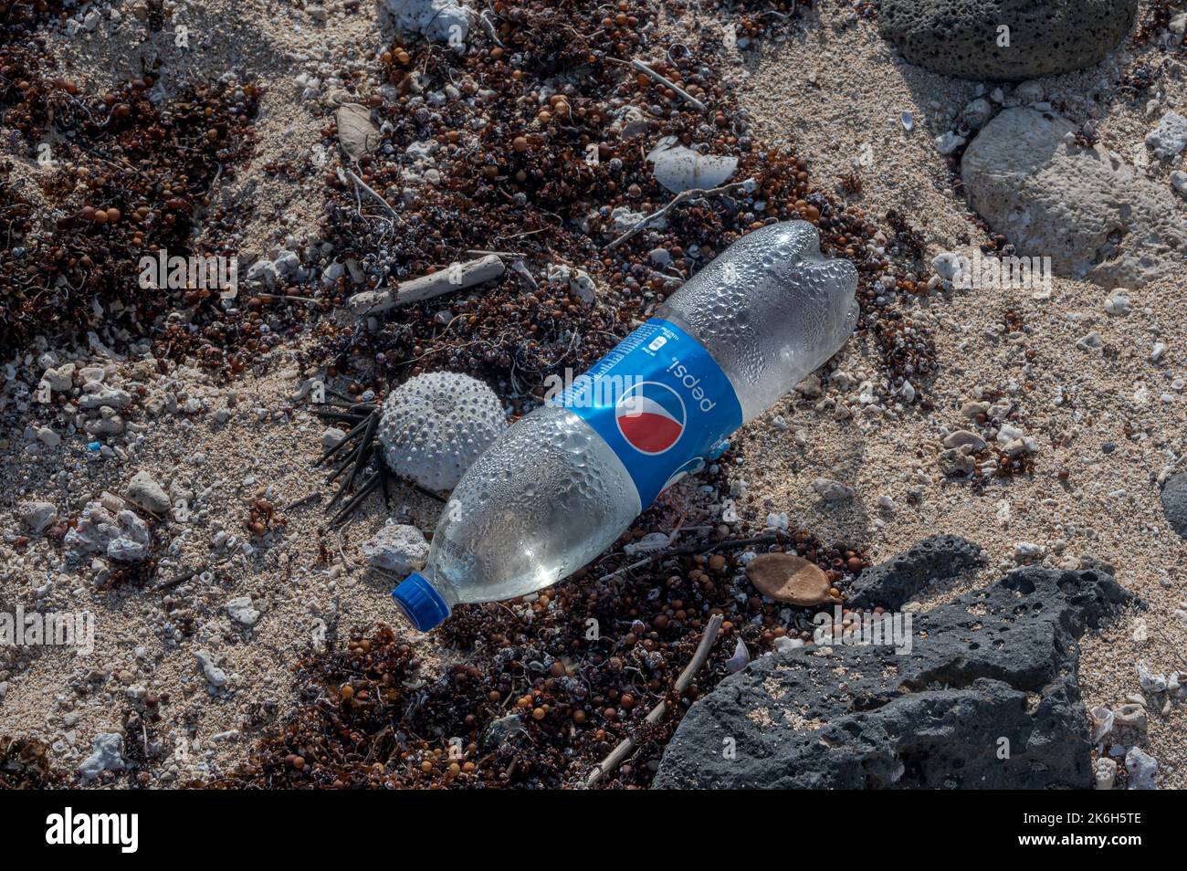 Müll und Plastik wurden am Souillac Beach, Mauritius, gespült Stockfoto