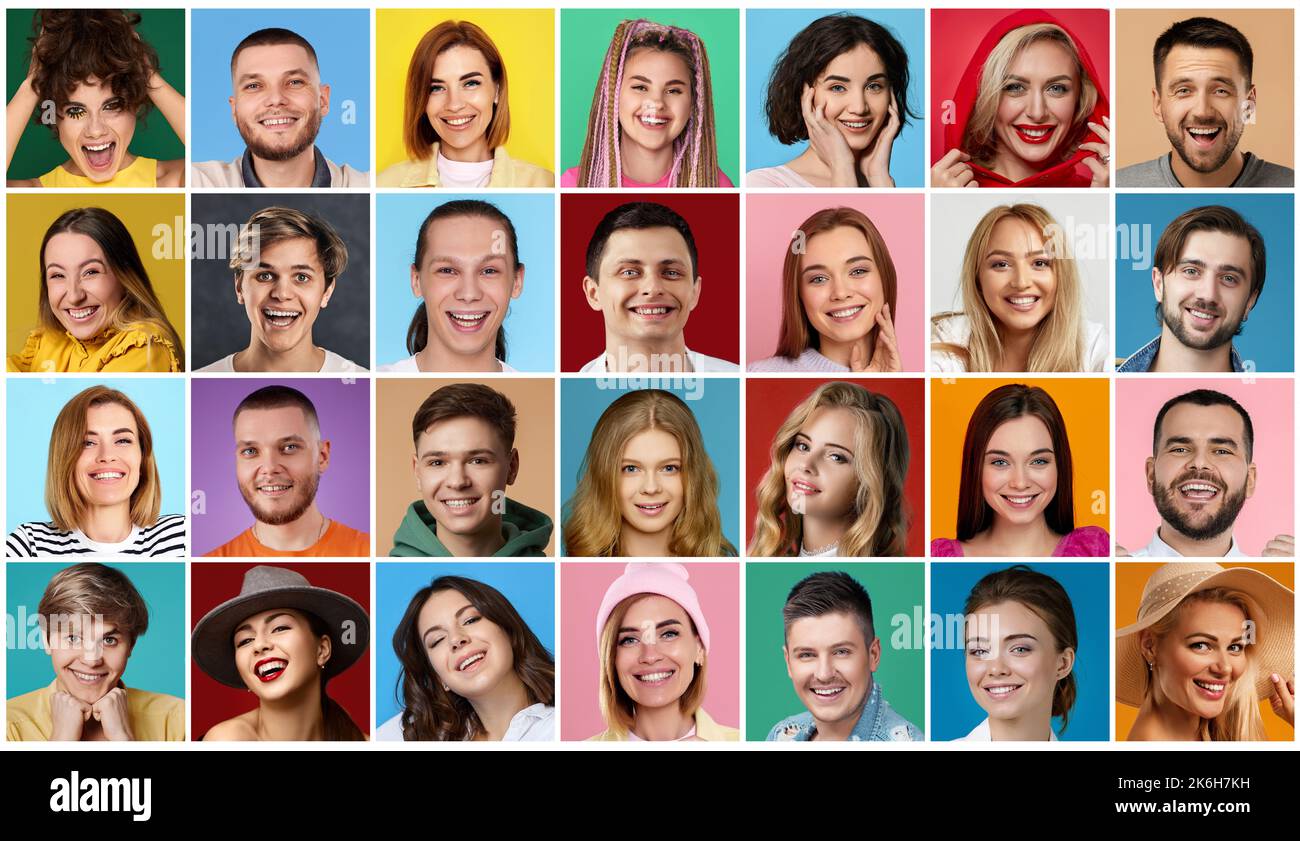 Porträts von Gruppen von verschiedenen lächelnden jungen Männern und Frauen, Stockfoto