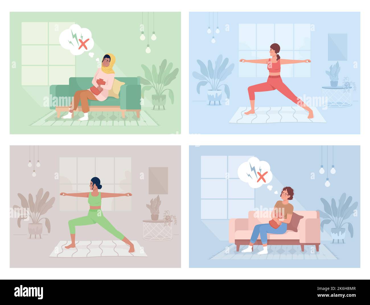 Menstruationsschmerzen und sportliche Aktivität flache Farbe Vektor Illustrationen Set Stock Vektor