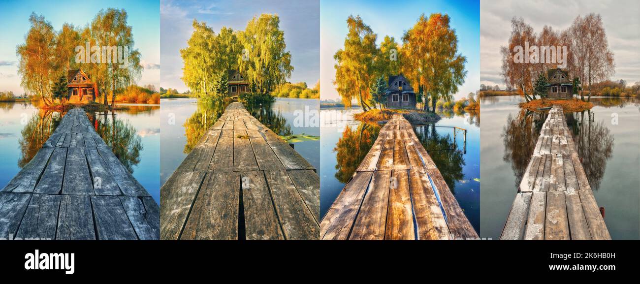Fotosammlung einer fabelhaften Hütte auf einer kleinen Insel. Vier Jahreszeiten: Winter, Frühling, Sommer, Herbst Stockfoto