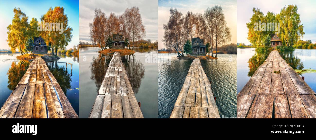 Fotosammlung einer fabelhaften Hütte auf einer kleinen Insel. Vier Jahreszeiten: Winter, Frühling, Sommer, Herbst Stockfoto
