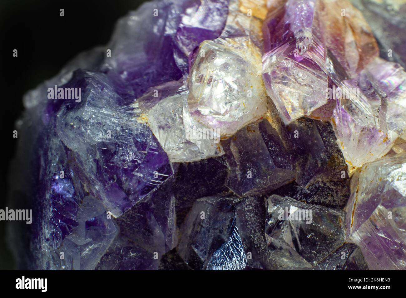 Ultra-Makro-Nahaufnahme eines natürlichen violetten Amethyst-Quarzanhäufens, isoliert auf schwarzem Hintergrund Stockfoto