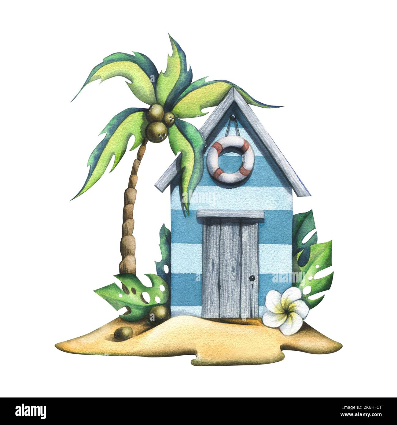 Eine tropische Insel mit einem Strandhaus, dekoriert mit einer Rettungsboje, Kokospalme und Monstera-Blättern, einer Plumeria-Blume. Aquarelldarstellung. Für die Stockfoto