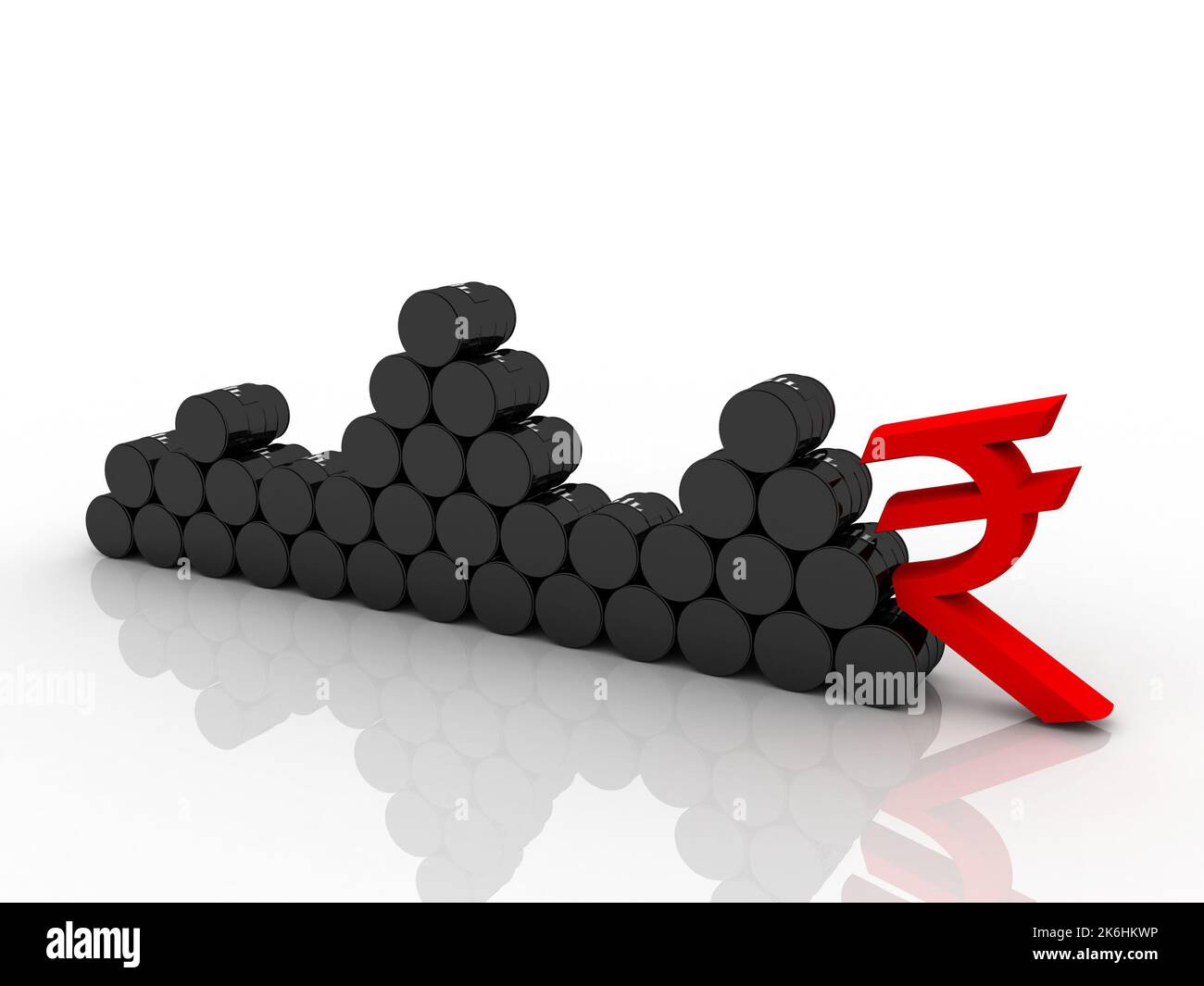 3D Illustration Ölpreis, Konzept der Ölindustrie mit Barrel und indian ruppe Stockfoto