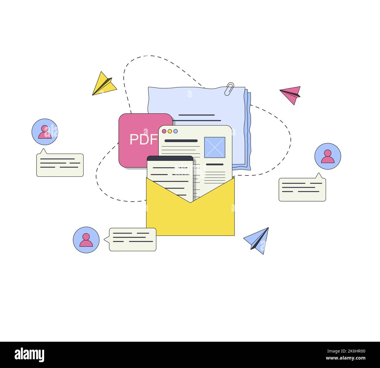 Senden von Dokumenten, Arbeit. Umschlag mit Notizbuch, Webseite, Dokumenten, PDF. Benutzer, die Nachrichten senden. Ebenen. Dokumente aus der Ferne befüllen. Stockfoto