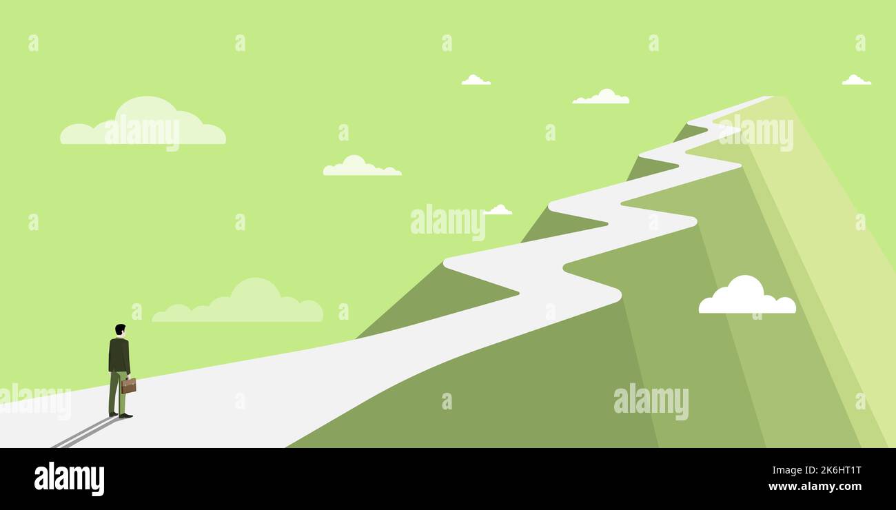 Mann auf Einem Berg, der stolz auf seinen Klettererfolg in die Wolken zieht. Athlet on A Cliff feiert Erfolge beim Aufstieg nach oben. Sportmann Stock Vektor