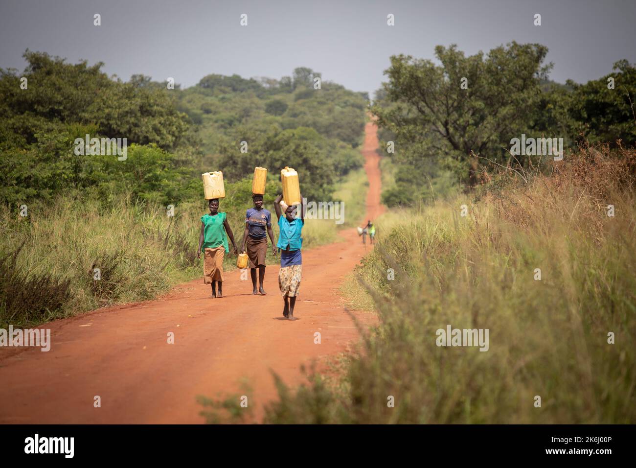 Ein Mädchen und zwei Frauen gehen eine lange Strecke, um Wasser zu ihrem Haus im Distrikt Abim, Uganda, Ostafrika, zu bringen. Stockfoto