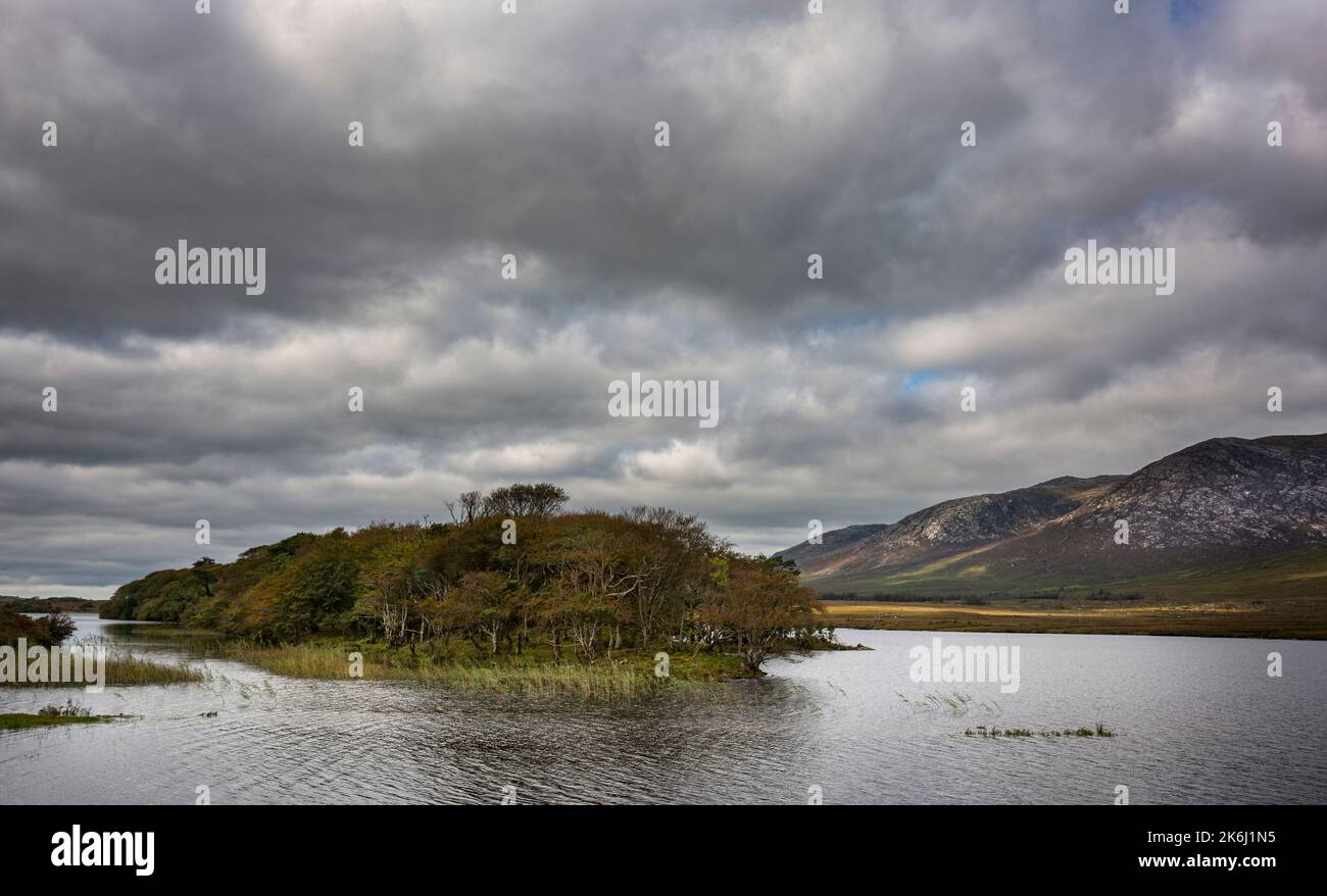 Insel in Lough Shindilla in der irischen Region Connemara, Irland Stockfoto