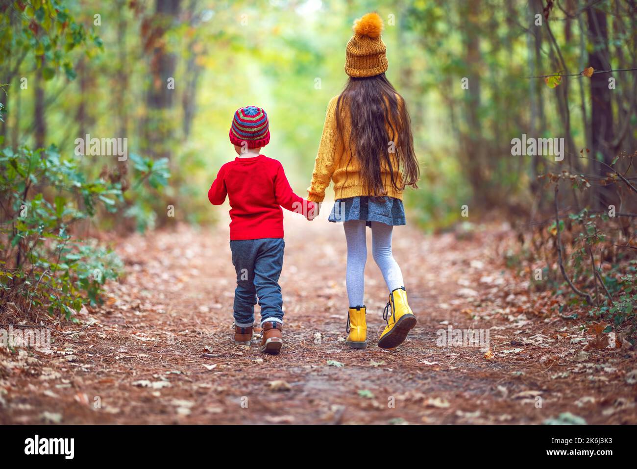 Glückliche Kinder im Wald genießen die Herbstsaison. Familie von Mädchen und Jungen, Bruder und Schwester spielen im Freien mit bunten Blätter fallen in Herbstwäldern. Stockfoto