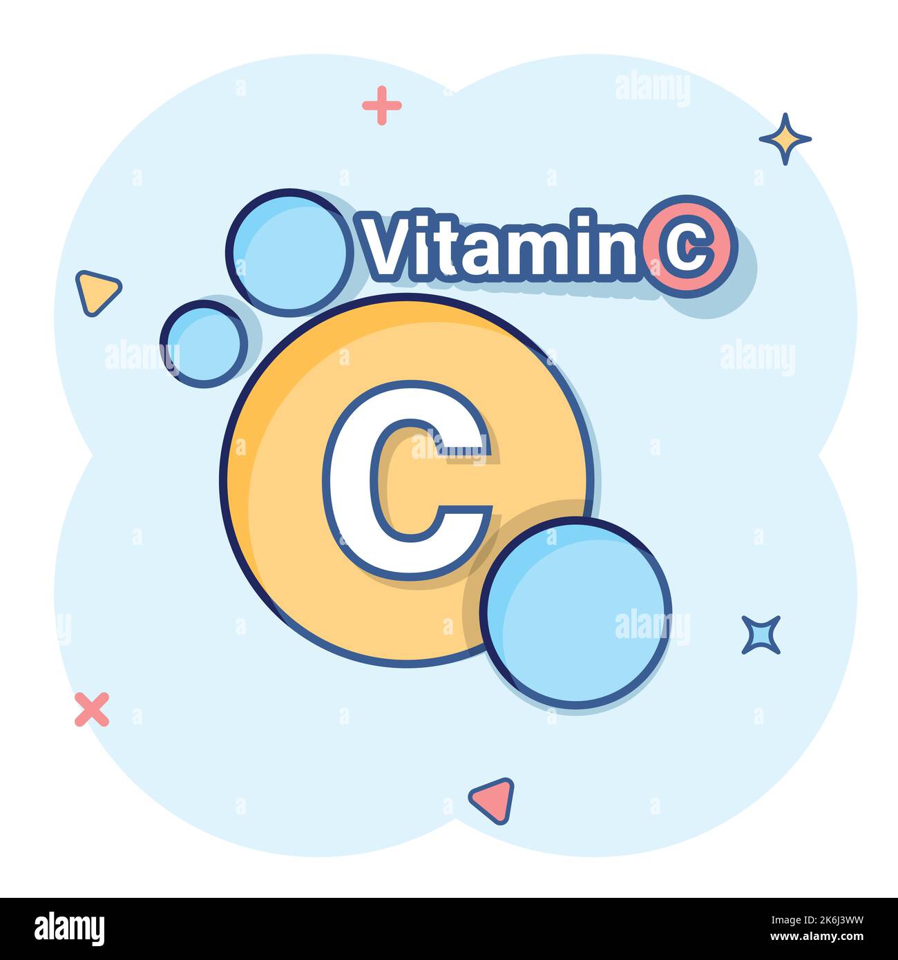 Vitamin C-Ikone im Comic-Stil. Pille Kapsel Cartoon Vektor-Illustration auf weißem isolierten Hintergrund. Geschäftskonzept „Drug Splash Effect“. Stock Vektor