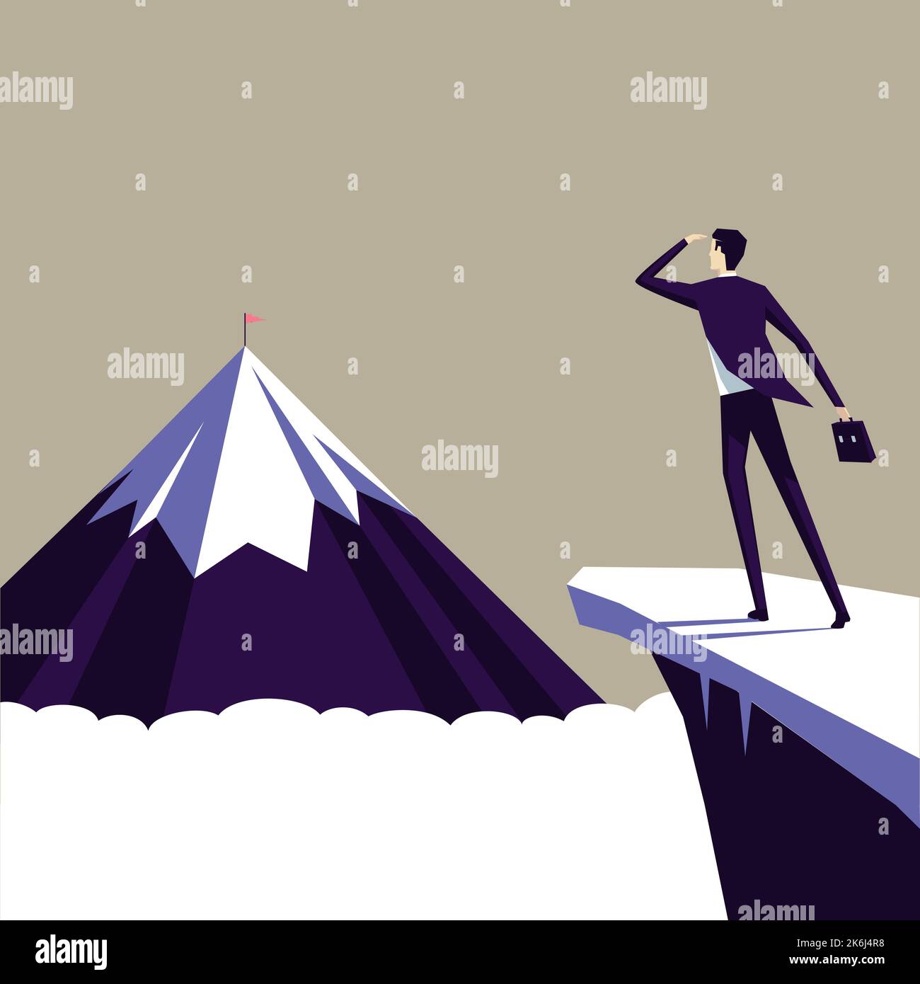 Mann auf Einem Berg, der stolz auf seinen Klettererfolg in die Wolken zieht. Athlet on A Cliff feiert Erfolge beim Aufstieg nach oben. Sportmann Stock Vektor