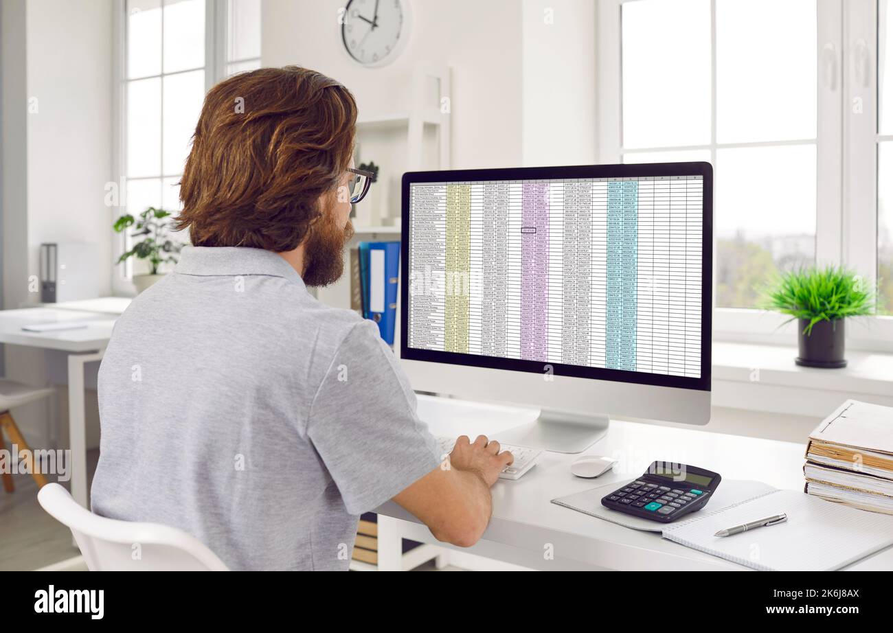 Vielbeschäftigter Finanzbuchhalter, der am Schreibtisch sitzt und mit Kalkulationstabellen am Computer arbeitet Stockfoto