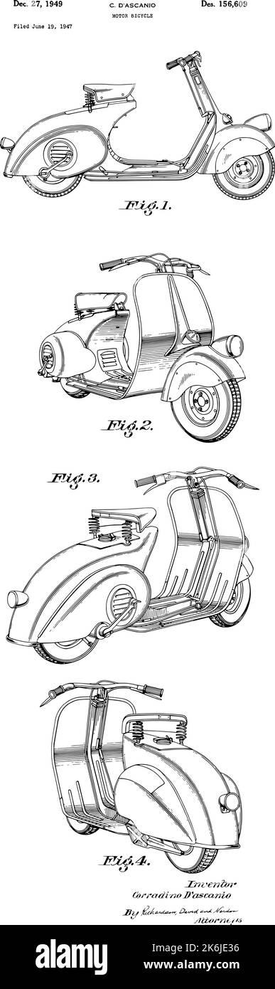 1949 Piaggio Motorfahrrad Patent Art Stock Vektor