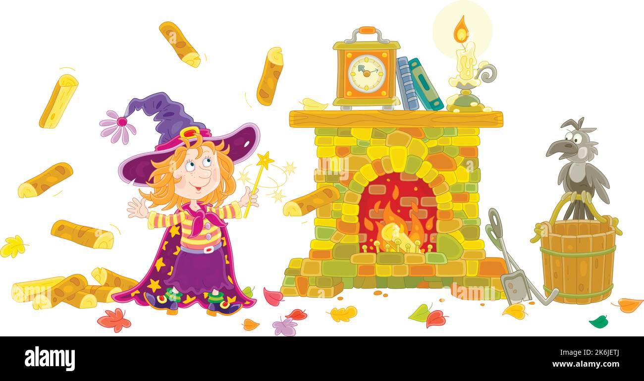 Fröhliche kleine Halloween Hexe winkt mit ihrem Zauberstab und zaubert einen lustigen Trick mit fliegendem Feuerholz für einen alten Steinkamin Stock Vektor