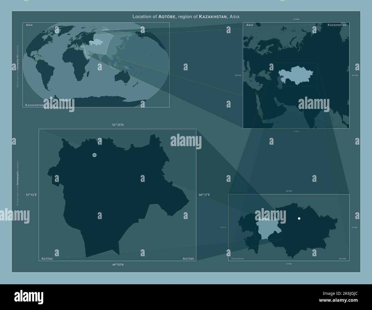 Aqtobe, Region von Kasachstan. Diagramm, das die Position der Region auf größeren Karten zeigt. Komposition von Vektorrahmen und PNG-Formen auf einem Volumenkörper Stockfoto