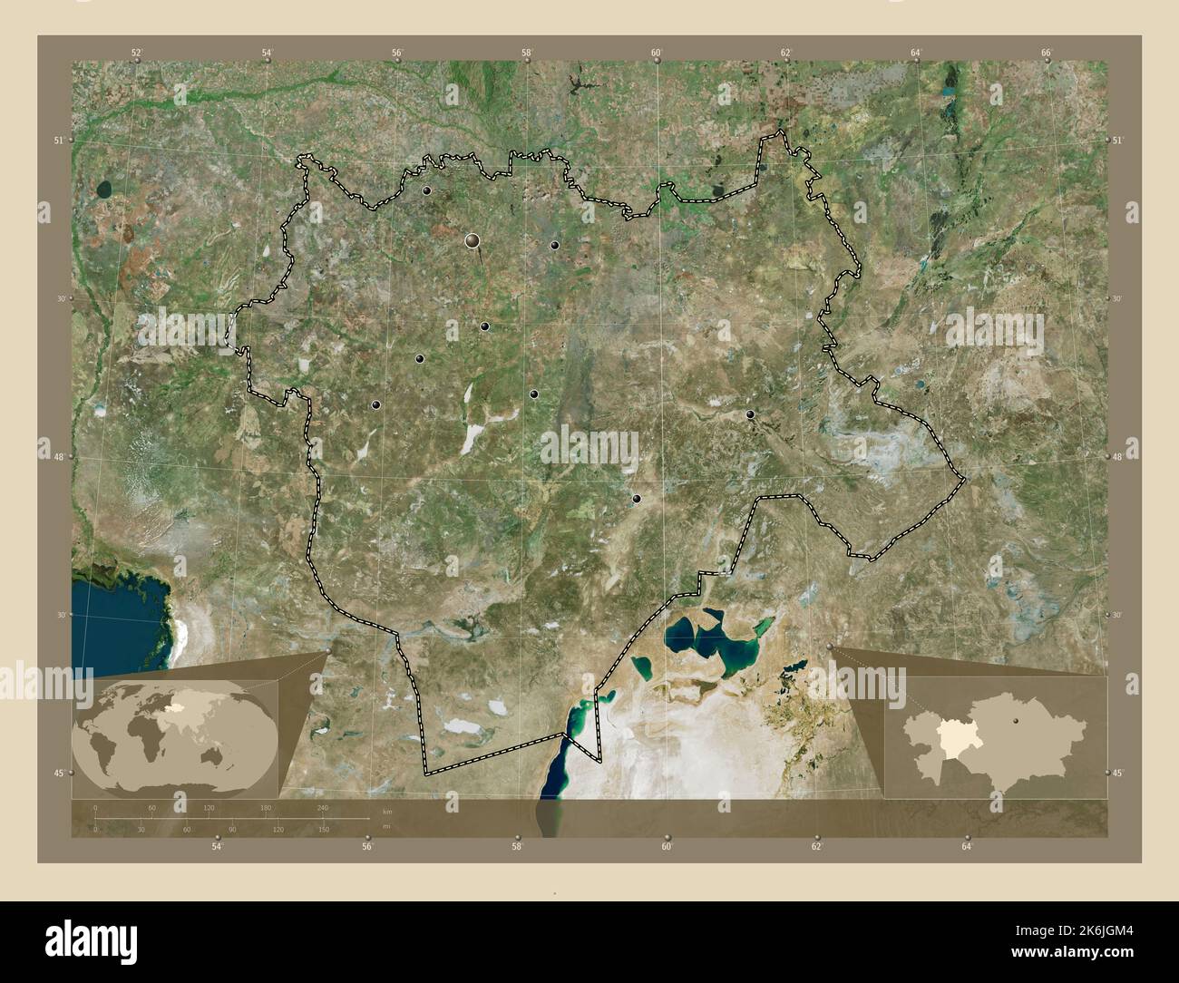Aqtobe, Region von Kasachstan. Hochauflösende Satellitenkarte. Standorte der wichtigsten Städte der Region. Karten für zusätzliche Eckposition Stockfoto
