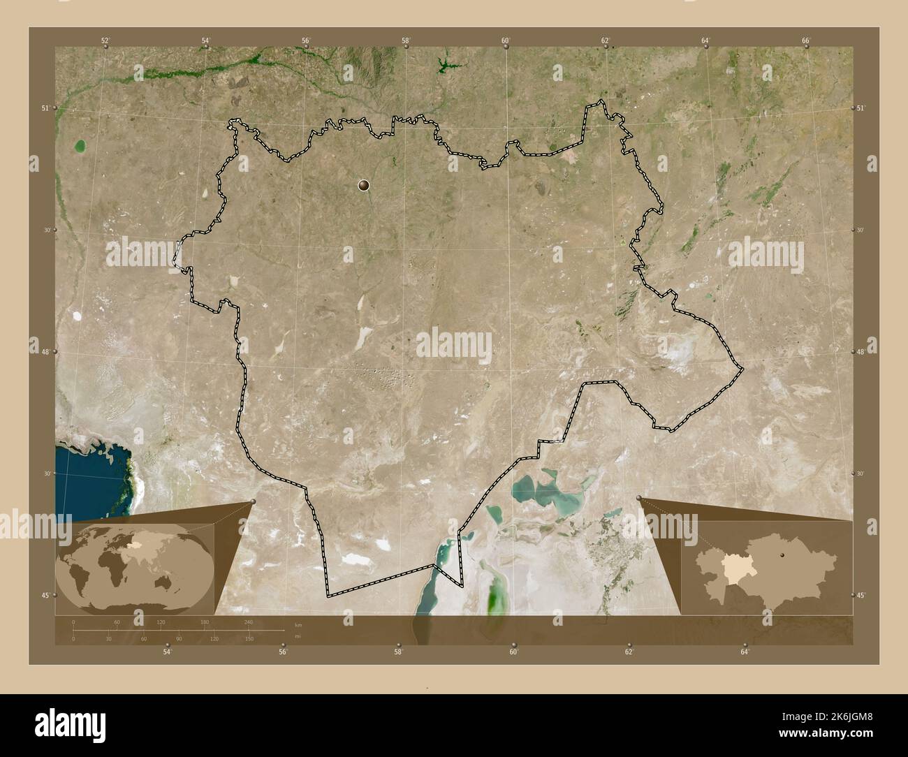 Aqtobe, Region von Kasachstan. Satellitenkarte mit niedriger Auflösung. Karten für zusätzliche Eckposition Stockfoto