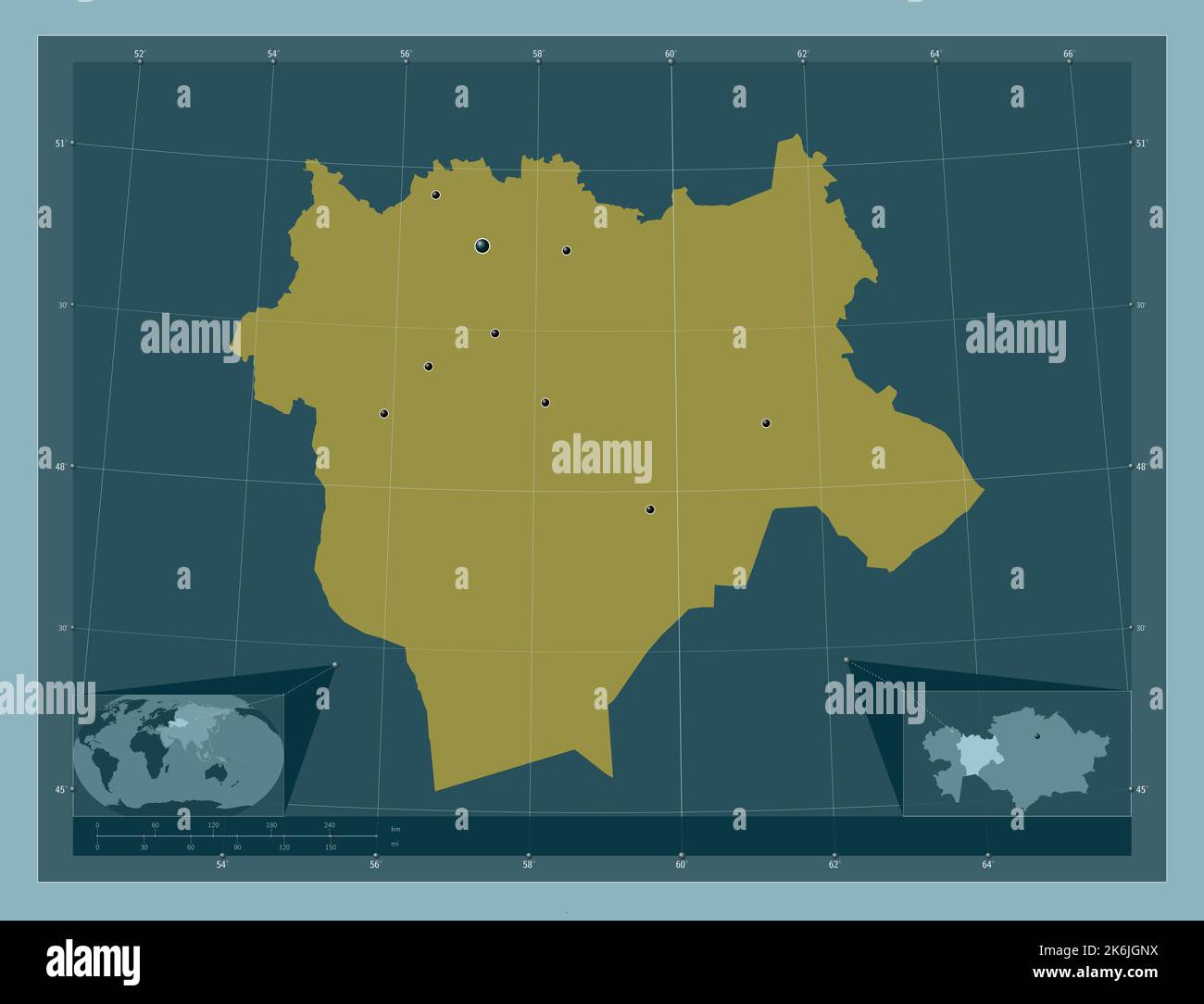 Aqtobe, Region von Kasachstan. Einfarbige Form. Standorte der wichtigsten Städte der Region. Karten für zusätzliche Eckposition Stockfoto