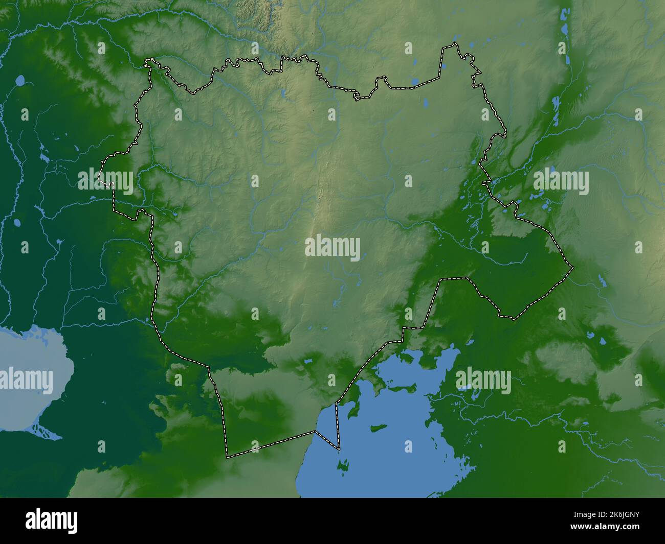 Aqtobe, Region von Kasachstan. Farbige Höhenkarte mit Seen und Flüssen Stockfoto