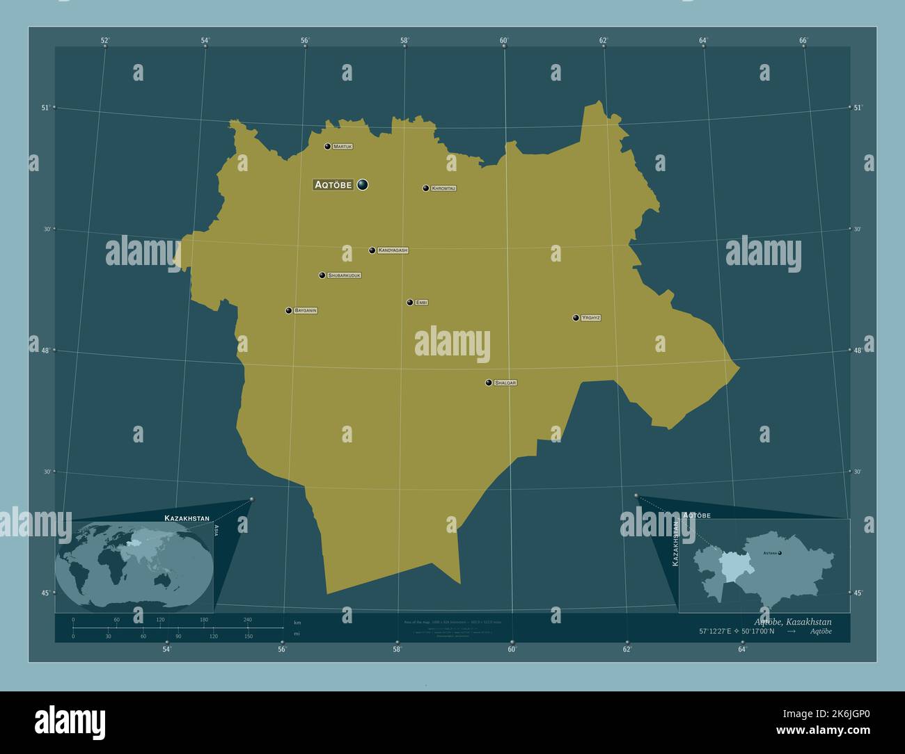 Aqtobe, Region von Kasachstan. Einfarbige Form. Orte und Namen der wichtigsten Städte der Region. Karten für zusätzliche Eckposition Stockfoto