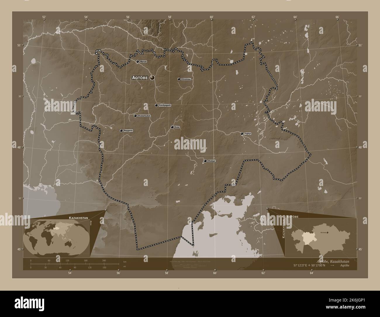 Aqtobe, Region von Kasachstan. Höhenkarte in Sepia-Tönen mit Seen und Flüssen. Orte und Namen der wichtigsten Städte der Region. Ecke au Stockfoto